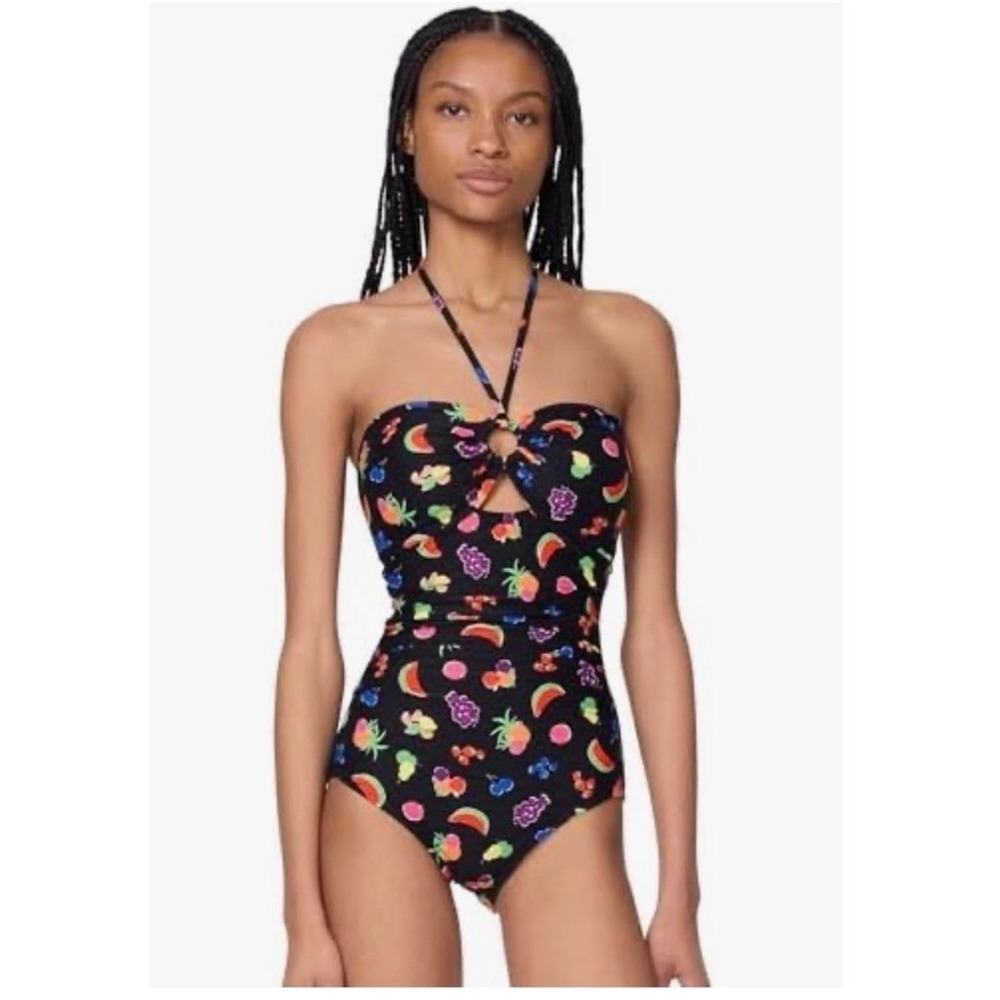 Kate Spade Fruit Print One Piece Swimsuit medium Black New Halter Cutout Ruching